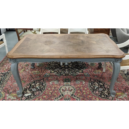 95 - FARMHOUSE TABLE, Louis XV style grey painted with walnut parquetry top, 74cm H x 166cm W x 105cm D.