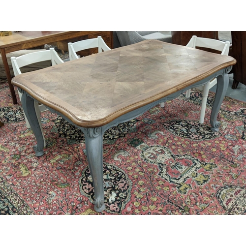 95 - FARMHOUSE TABLE, Louis XV style grey painted with walnut parquetry top, 74cm H x 166cm W x 105cm D.