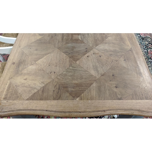 95 - FARMHOUSE TABLE, Louis XV style grey painted with walnut parquetry top, 74cm H x 166cm W x 105cm D.