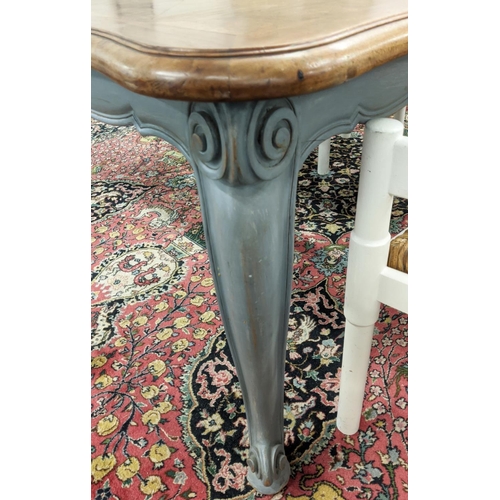 95 - FARMHOUSE TABLE, Louis XV style grey painted with walnut parquetry top, 74cm H x 166cm W x 105cm D.