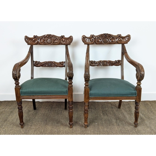 99 - ARMCHAIRS, a pair, mid 19th century mahogany with green stuffover seats, 91cm H x 58cm x 58cm. (2)