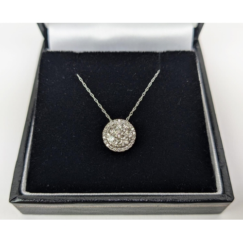 19 - A 9CT WHITE GOLD DIAMOND SET CLUSTER NECKLACE, set with round brilliant cut diamonds of approximatel... 