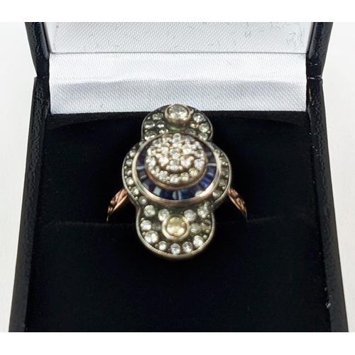 23 - AN 8CT GOLD GEORGIAN STYLE DIAMOND SET DRESS RING, with baguette cut sapphires, ring size P½, comple... 