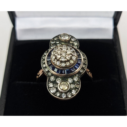 23 - AN 8CT GOLD GEORGIAN STYLE DIAMOND SET DRESS RING, with baguette cut sapphires, ring size P½, comple... 