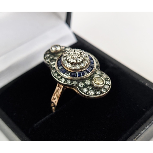 23 - AN 8CT GOLD GEORGIAN STYLE DIAMOND SET DRESS RING, with baguette cut sapphires, ring size P½, comple... 