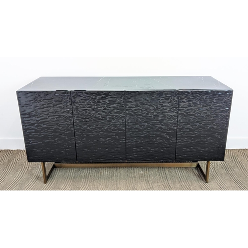 283 - SIDE CABINET, black lacquer with marble top above four ripple moulded doors on brass supports, 74cm ... 