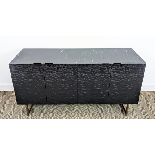 283 - SIDE CABINET, black lacquer with marble top above four ripple moulded doors on brass supports, 74cm ... 