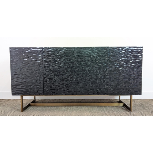 283 - SIDE CABINET, black lacquer with marble top above four ripple moulded doors on brass supports, 74cm ... 
