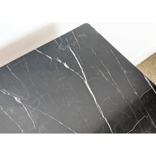 283 - SIDE CABINET, black lacquer with marble top above four ripple moulded doors on brass supports, 74cm ... 