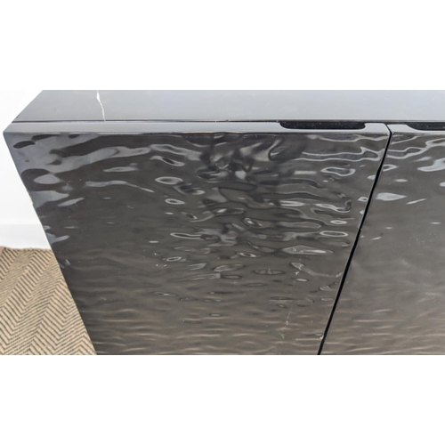 283 - SIDE CABINET, black lacquer with marble top above four ripple moulded doors on brass supports, 74cm ... 