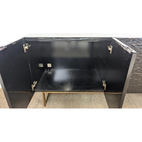 283 - SIDE CABINET, black lacquer with marble top above four ripple moulded doors on brass supports, 74cm ... 