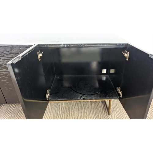 283 - SIDE CABINET, black lacquer with marble top above four ripple moulded doors on brass supports, 74cm ... 