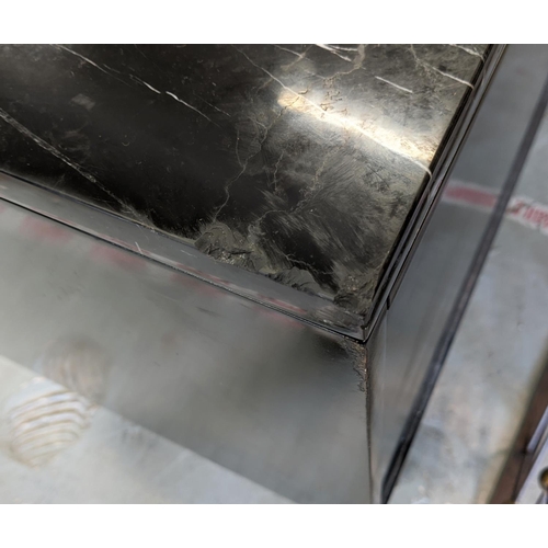 283 - SIDE CABINET, black lacquer with marble top above four ripple moulded doors on brass supports, 74cm ... 