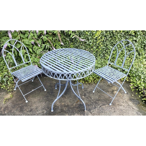 384 - GARDEN TABLE AND TWO CHAIRS, Gothic style metal, table 75cm H x 73cm, chairs 93cm H x 50cm x 39cm. (... 