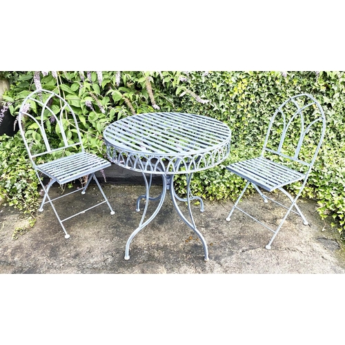 384 - GARDEN TABLE AND TWO CHAIRS, Gothic style metal, table 75cm H x 73cm, chairs 93cm H x 50cm x 39cm. (... 