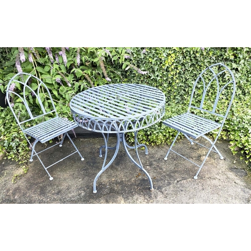 384 - GARDEN TABLE AND TWO CHAIRS, Gothic style metal, table 75cm H x 73cm, chairs 93cm H x 50cm x 39cm. (... 