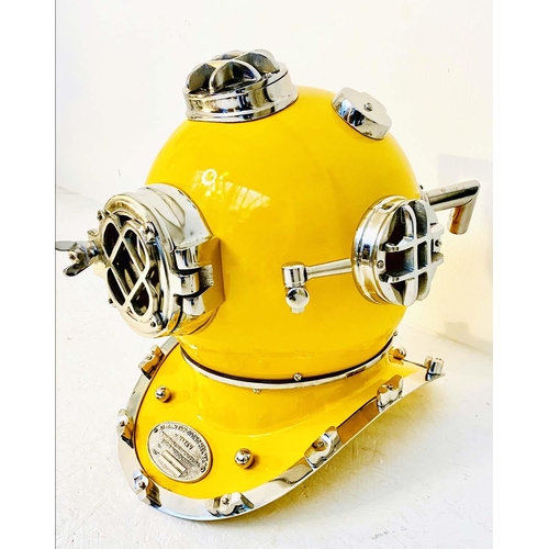 382 - DECORATIVE DIVERS HELMET, reproduction, in a yellow finish, 45cm H