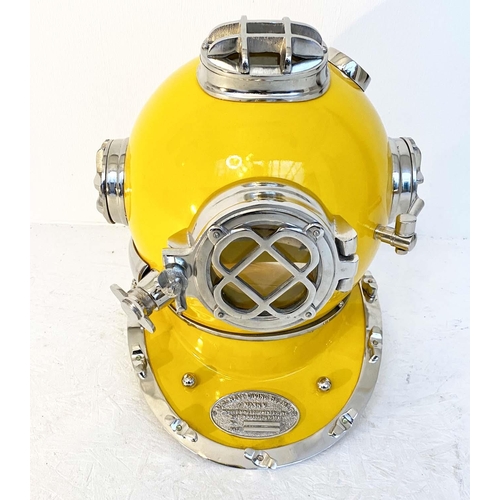 382 - DECORATIVE DIVERS HELMET, reproduction, in a yellow finish, 45cm H