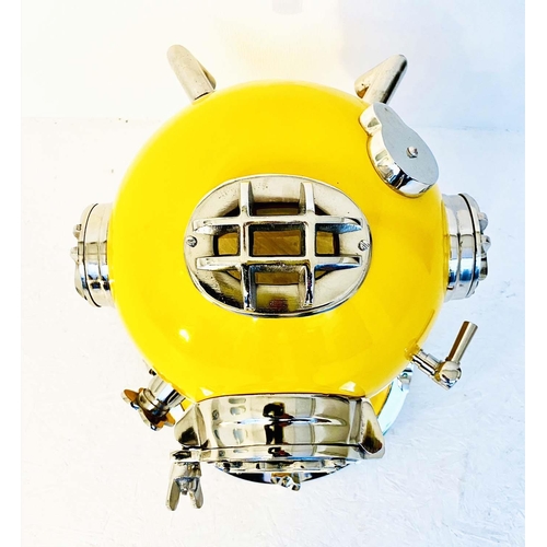 382 - DECORATIVE DIVERS HELMET, reproduction, in a yellow finish, 45cm H