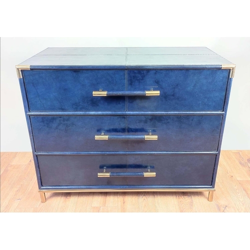 301 - CHEST OF DRAWERS, blue leathered and gilt metal with three drawers, 87cm H x 100cm W x 46cm D.