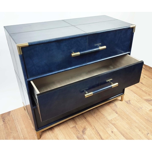 301 - CHEST OF DRAWERS, blue leathered and gilt metal with three drawers, 87cm H x 100cm W x 46cm D.
