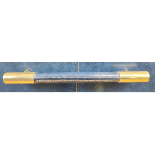 301 - CHEST OF DRAWERS, blue leathered and gilt metal with three drawers, 87cm H x 100cm W x 46cm D.