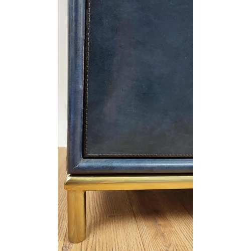 301 - CHEST OF DRAWERS, blue leathered and gilt metal with three drawers, 87cm H x 100cm W x 46cm D.