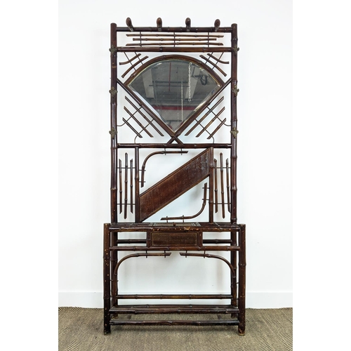 413 - HALL STAND, vintage 1920s English bamboo, with bevelled plate mirror, 193cm x 85cm x 28cm.