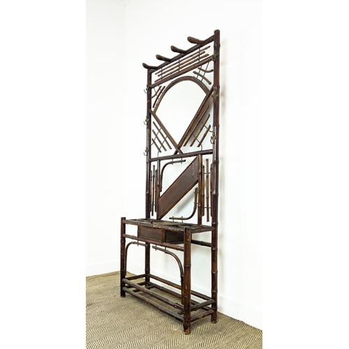 413 - HALL STAND, vintage 1920s English bamboo, with bevelled plate mirror, 193cm x 85cm x 28cm.