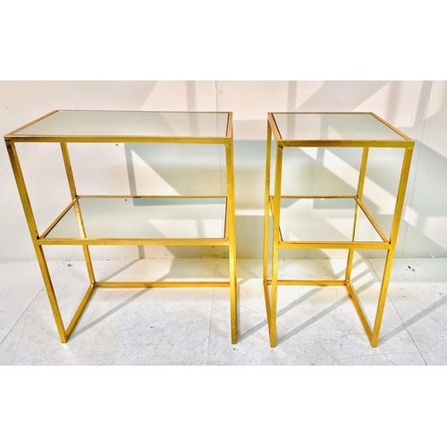 423 - SIDE TABLES, two differing two-tier form, both gilt metal and mirrored glass, largest 60cm H x 51cm ... 