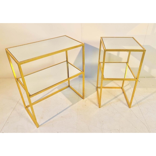 423 - SIDE TABLES, two differing two-tier form, both gilt metal and mirrored glass, largest 60cm H x 51cm ... 