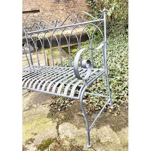 429 - GARDEN BENCH, lead grey painted metal, 95cm H x 110cm W x 46cm D.