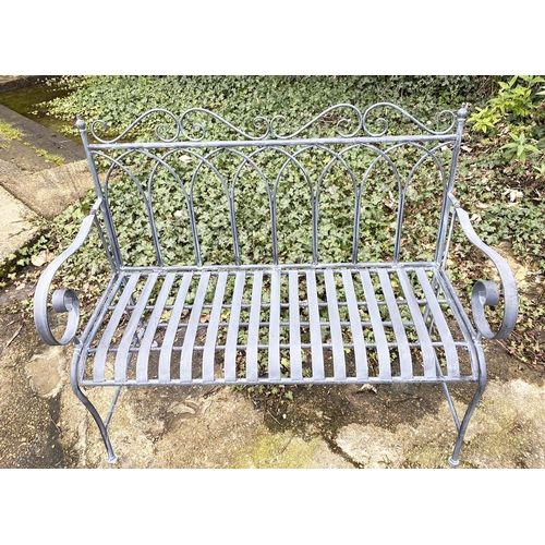 429 - GARDEN BENCH, lead grey painted metal, 95cm H x 110cm W x 46cm D.