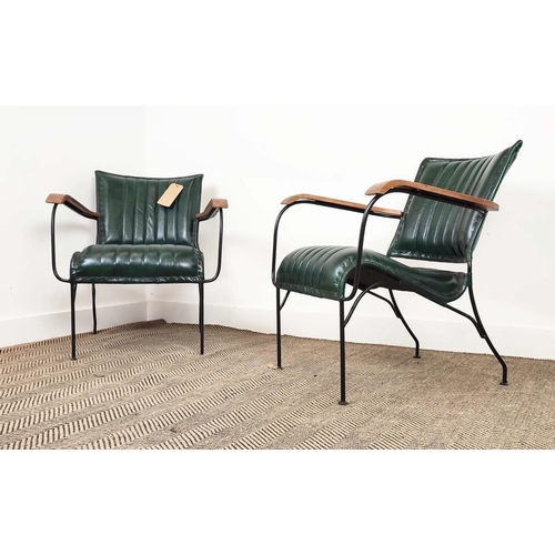 432 - ARMCHAIRS, a pair, green upholstery with wooden arms and metal supports, 65cm x 75cm H x 70cm. (2)