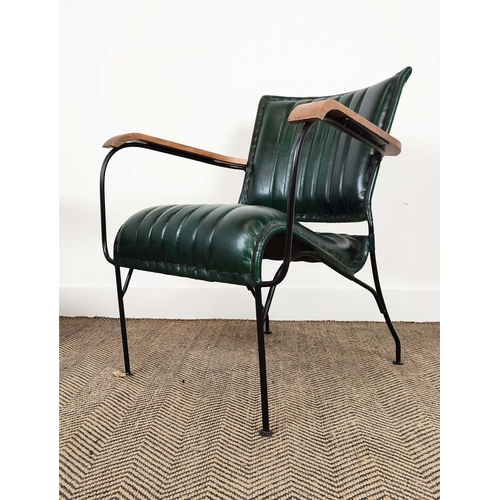 432 - ARMCHAIRS, a pair, green upholstery with wooden arms and metal supports, 65cm x 75cm H x 70cm. (2)