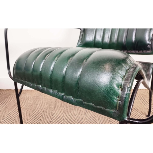 432 - ARMCHAIRS, a pair, green upholstery with wooden arms and metal supports, 65cm x 75cm H x 70cm. (2)