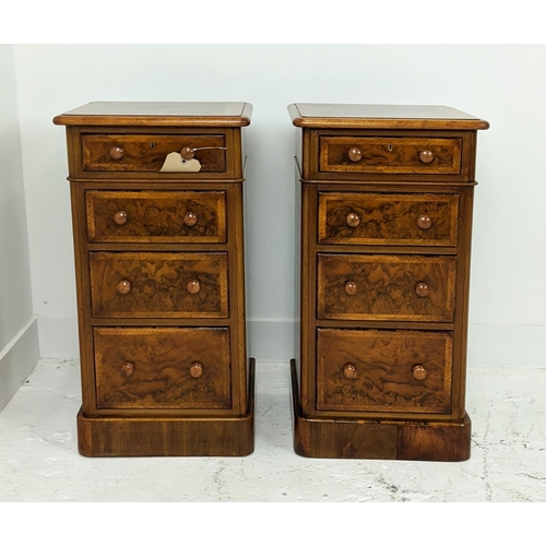 434 - BEDSIDE CHESTS, a pair, Victorian style burr walnut with four drawers, 73cm H x 37cm W x 36cm H. (2)