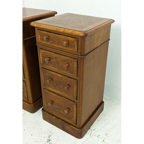 434 - BEDSIDE CHESTS, a pair, Victorian style burr walnut with four drawers, 73cm H x 37cm W x 36cm H. (2)