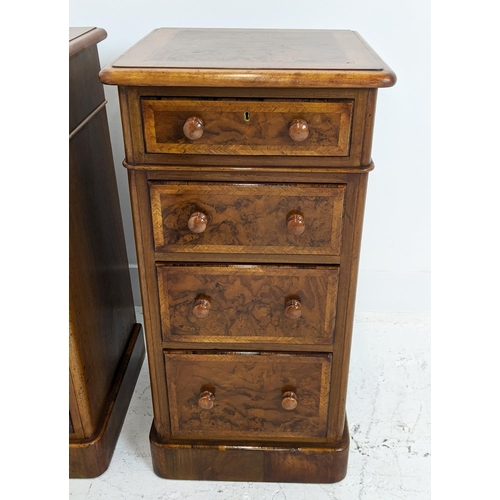 434 - BEDSIDE CHESTS, a pair, Victorian style burr walnut with four drawers, 73cm H x 37cm W x 36cm H. (2)