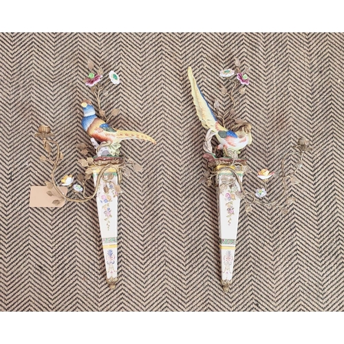 436 - WALL SCONCES, a pair, ceramic and gilt metal, 70cm H. (2)