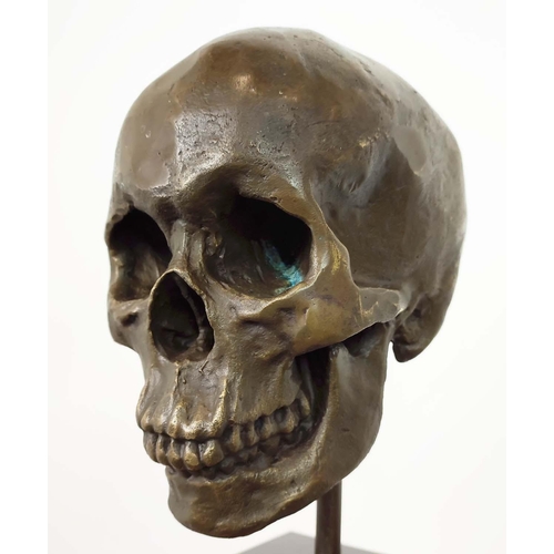 437 - CONTEMPORARY SCHOOL SCULPTURE, of a skull on a black base, 36cm H.