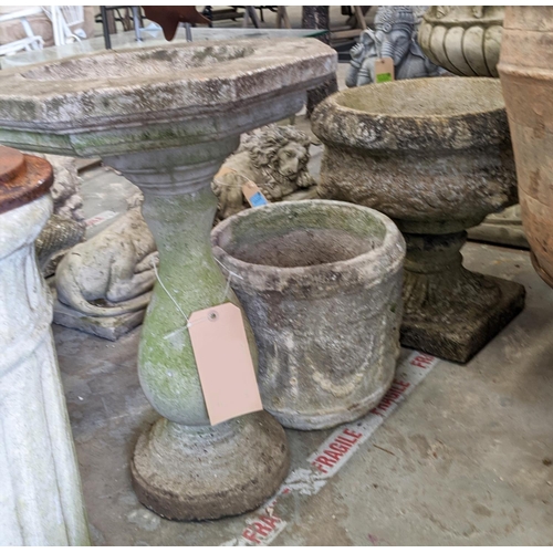 444 - THREE COMPOSITE STONE GARDEN ITEMS, including a bird bath 56cm H x 42cm W, pot 29cm H x 29cm W, and ... 