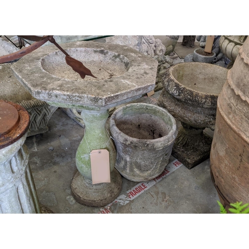 444 - THREE COMPOSITE STONE GARDEN ITEMS, including a bird bath 56cm H x 42cm W, pot 29cm H x 29cm W, and ... 