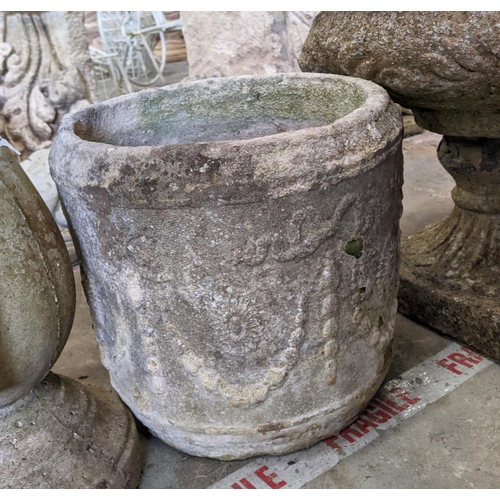 444 - THREE COMPOSITE STONE GARDEN ITEMS, including a bird bath 56cm H x 42cm W, pot 29cm H x 29cm W, and ... 