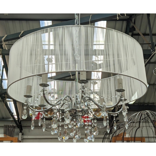 445 - CHANDELIER, 100cm high, 70cm diameter, six branch, polished metal with glass drops, cord shade.