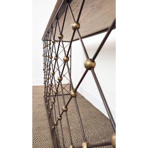 447 - CONSOLE TABLE, with a travertine top, on a metal grilled base, 45cm D x 85cm h x 165cm W.