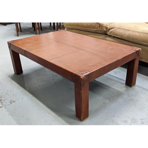 408 - LOW TABLE, leathered campaign style finish, 122cm x 81.5cm 41.5cm approx.