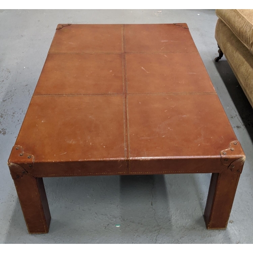 408 - LOW TABLE, leathered campaign style finish, 122cm x 81.5cm 41.5cm approx.