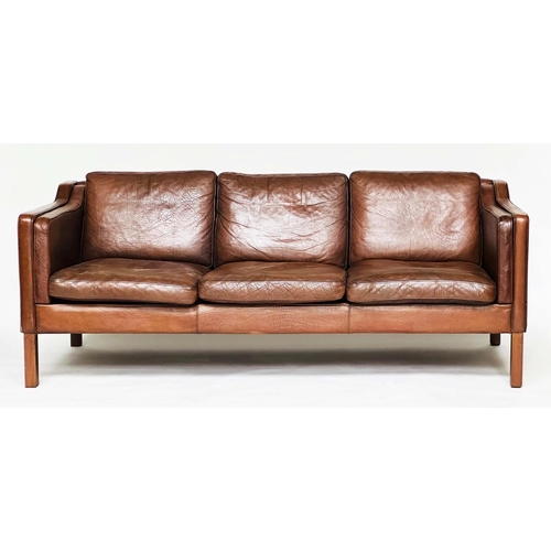 470 - AFTER BORGE MORGENSEN 2213 STYLE SOFA, three seater mid tan brown leather and teak supports, 200cm W... 