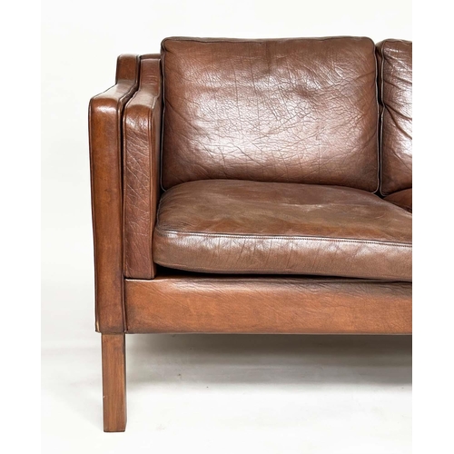 470 - AFTER BORGE MORGENSEN 2213 STYLE SOFA, three seater mid tan brown leather and teak supports, 200cm W... 